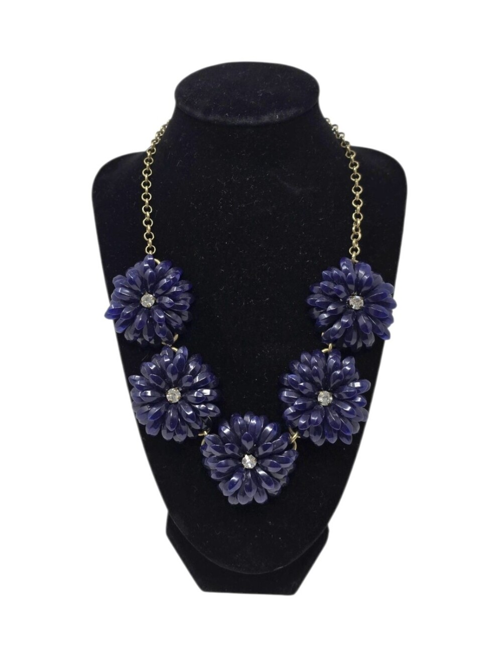 J Crew Articulated Petals & Rhinestone Gold Tone Chain Statement Necklace Navy